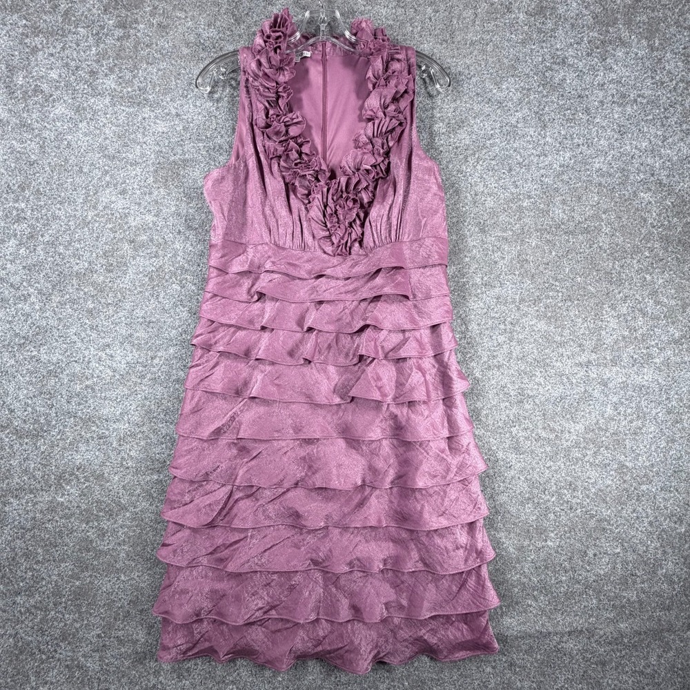 Maggy London Sheath Dress Women 14 Mauve Pink Tiered Ruffle Trim V Neck Back Zip